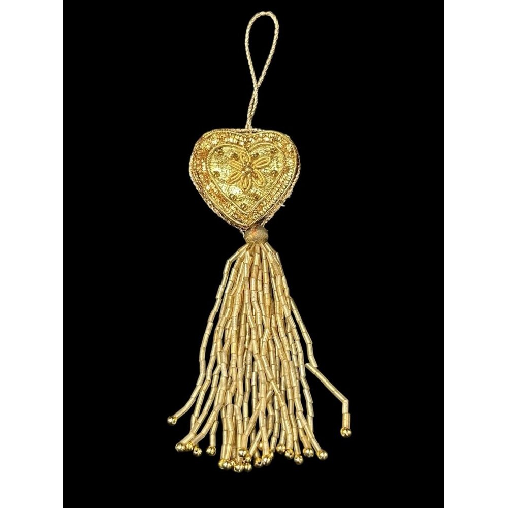 Vintage 6” Victorian Beaded Gold Heart & Tassel Valentine Christmas Ornament